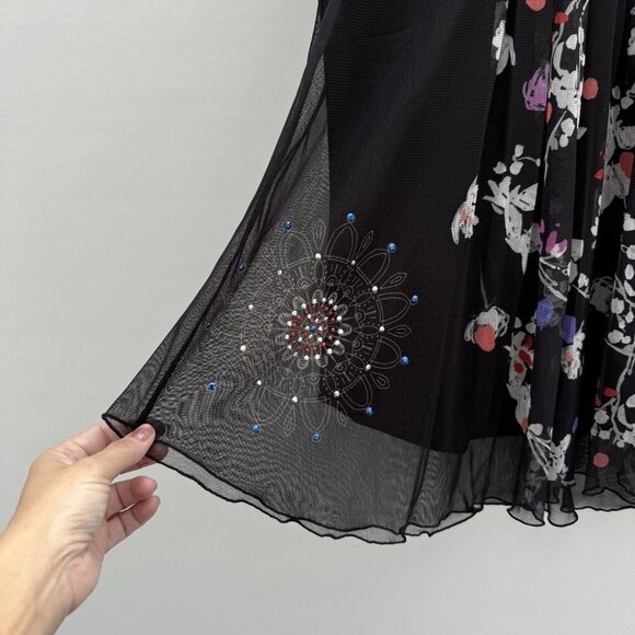 Desigual women's Top Sheer Embellished Rhinestones Floral Black Small - Picture 6 of 16